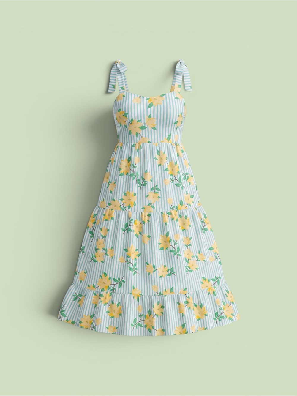 Draper James RSVP Striped Floral Tiered Maxi Dress Light Blue Yellow XS RARE